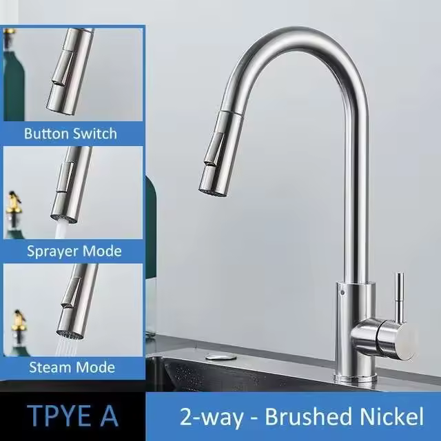 Grifo extraíble para fregadero, grifo mezclador monomando de agua, rotación 360, oro cepillado, ducha de cocina - 1