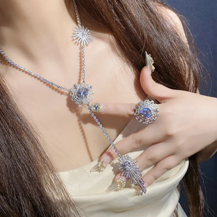 Shancha Heavy Industry brillante diseño de borla larga deslumbrante hermoso collar lleno de diamantes pequeño estilo de fragancia conjunto de banquete de moda - 1