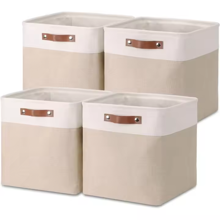 Cajas de Almacenamiento Plegables de Lino Tejido 33l. x 38an. x 33al. Organizador de Armario con Asas de Cuero (Caqui Claro y Blanco) - 1