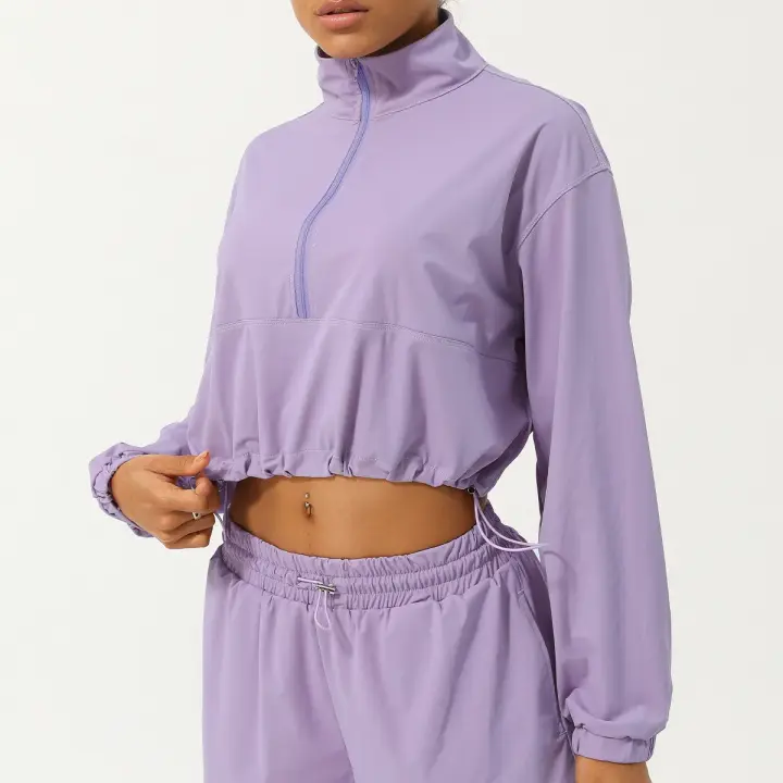 Chaqueta de Yoga de cuello alto con media cremallera para mujer, protección solar UV, ropa transpirable para exteriores, cordón con capucha, Verano - 1