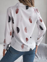 Blusa de manga larga con estampado de plumas para mujer, camisa blanca a la moda, Top informal para oficina, ropa elegante para mujer, novedad de otoño - details 2