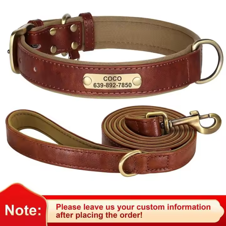 identificación perro personalizado con correa, Collar correa de cuero PU acolchado suave perros, etiqueta antipérdida para - 1