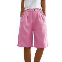 Pantalones Cortos de Lino y Algodón para Mujer Color Sólido, Cintura Suelta, Bolsillo, Botón, Moda Casual - details 55