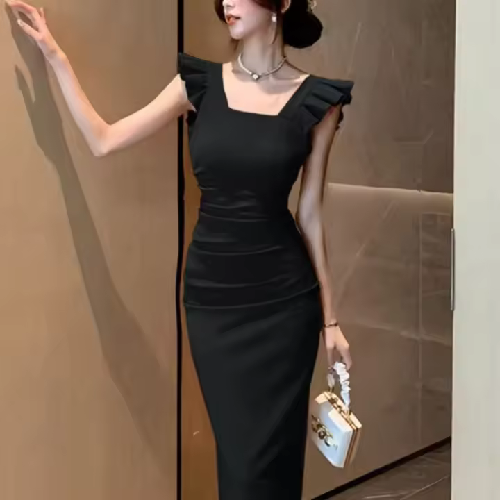 Elegante Vestido de Vino Rojo de Moda Francesa Cuello Cuadrado Encajado, Cintura Abanico, Pequeño Vestido Negro - 1