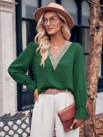 Blusa de retazos de encaje hueco para mujer, elegante camisa de manga larga para oficina, Tops elegantes sólidos sueltos, ropa de moda de otoño - details 16