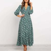 2025 nuevo Vintage mujeres vestido largo de gasa ral estampado linterna manga A-e Maxi Vestidos otoño elegante cuello en V Vestidos de invierno - details 0