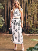 Conjunto De Top Y Falda De Algodón Y Lino Para Mujer Con Estampado Y Corteleya Sin Mangas Crop Top Con Cierre De Encaje Traje De Verano Para Playa - details 2
