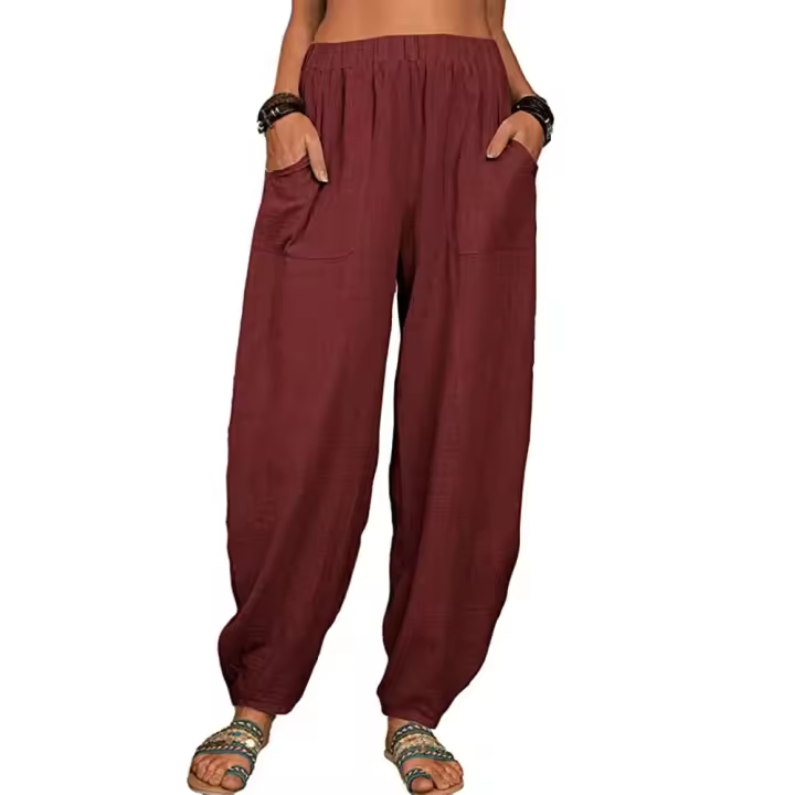 Pantalones de lino y algodón para mujer, calzas delgadas con bolsillos, estilo bohemio Vintage, informales, de cintura alta, bombachos, Verano - 1