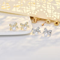 S925 agujas de plata delicadas micro zirconitas lazo perla pendientes mujeres moda simple pequeño y versátil pendientes - details 1