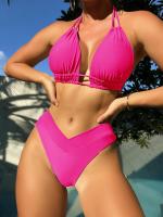 Bikini Sexy de color puro, traje de baño de 2 piezas con lazo en el cuello, en forma de V, novedad de 2024 - details 11