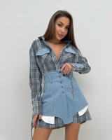 Nueva moda cuello de solapa patchwork color manga larga camisa vestido cintura cierre de dos piezas - details 5