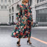 Vestido plisado de manga larga con cuello en V para mujer, estampado verde vintage, primavera y otoño - details 3