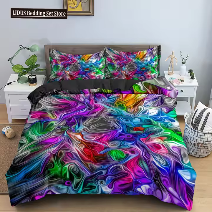 Juego de Funda de Almohada Geométrica Psychédelica 3D Cubierta Cómoda de Poliéster para Camas Twin, Full, King, Queen - 1