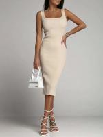 Vestido Bodycon de Moda Verano Cuello Cuadrado Kintted de Lino Khaki Vestido Mid de Moda para Mujeres Estilo Casual y Adelgazado - details 7