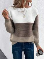 Elegant Three-color Patchwork Sweater Women Daily Commuter Casual Loose Jumpers Female Autumn Winter Knitted Thickened Warm Tops - details 6
