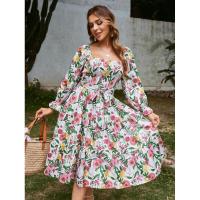 Vestido con cuello cuadrado para mujer, vestidos florales de manga larga, elegante y bonito, - details 22