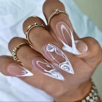 24 piezas, rosa con estampado de borde blanco, uñas postizas dulces y encantadoras reutilizables para uso diario y fiestas - details 2