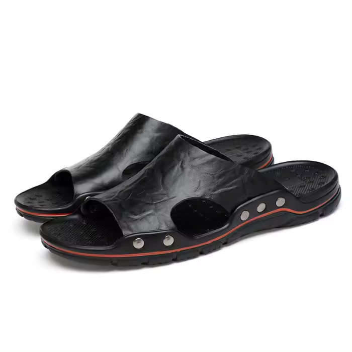 Nuevas sandalias de verano para hombre, zapatillas de playa de verano, sandalias de cuero genuino, zapatillas planas informales transpirables con agujeros - 1
