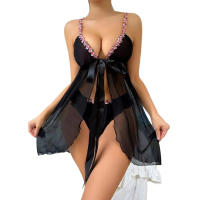 Sexy de malla pequeña flor halter lazo lazo mujer vestido de dormir casa pijamas - details 0