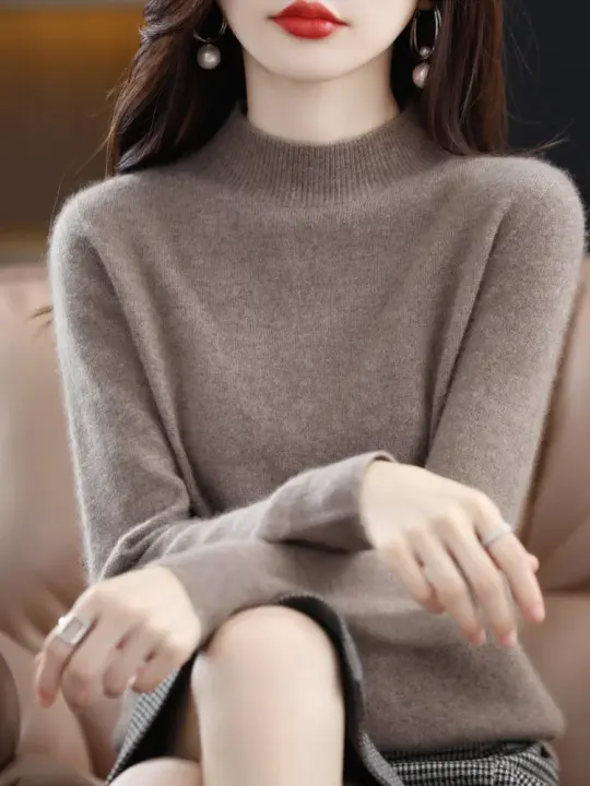 Suéter de Cachemira de lana merina para mujer, Jersey de punto de manga larga de cuello alto, ropa cálida para otoño e invierno, 100% - 1