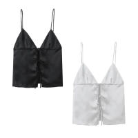 TRAFZA-Top corto de satén de seda con cuello en V para mujer, Top Sexy con textura, Color sólido, chaleco con lazo, Top corto sin mangas, 2024 - details 2
