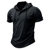 Hombres Deportes Fitness Casual al aire libre de manga corta camiseta con capucha Top Henley Shirt. - details 5
