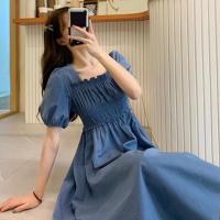 Vestido de verano para mujer, fruncido plisado, cuello cuadrado, manga corta, manga de burbuja, vestido de mujer de Color sólido, vestido Midi con dobladillo suelto - details 0