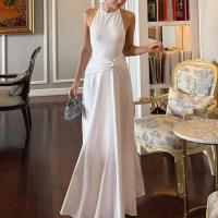 Vestido largo de corte A sin mangas con cuello halter y espalda descubierta de color sólido para mujer - details 4