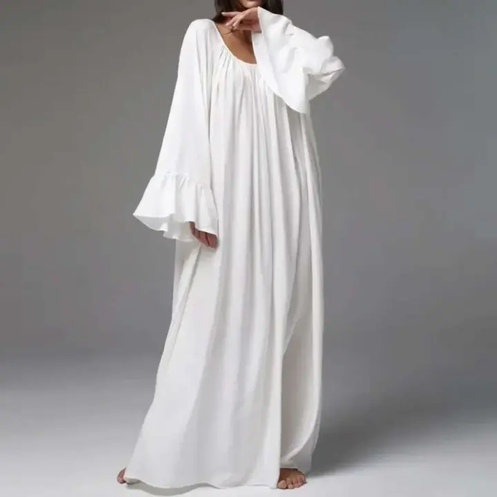 Parc Fee-vestidos informales holgados blancos para mujer, vestidos elegantes de manga larga o con cuello en U, vestido liso sencillo de talla grande para mujer 2025 - 1