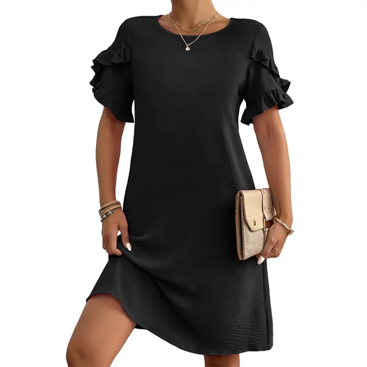Mini vestido de playa informal de manga corta de verano para mujer con cuello redondo - 1