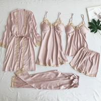 Lencería sexy de seda de imitación para mujer, conjunto de cinco piezas con tirantes, ropa de casa, albornoces y pamas de talla grande - details 4