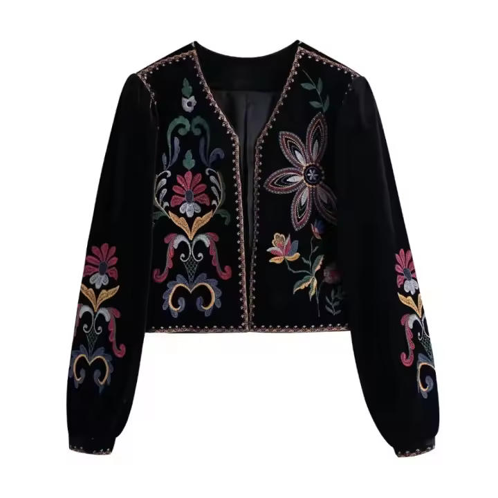 Chaqueta corta de terciopelo con bordado en contraste para mujer, abrigo vintage de manga larga, prendas de vestir exteriores elegantes - 1