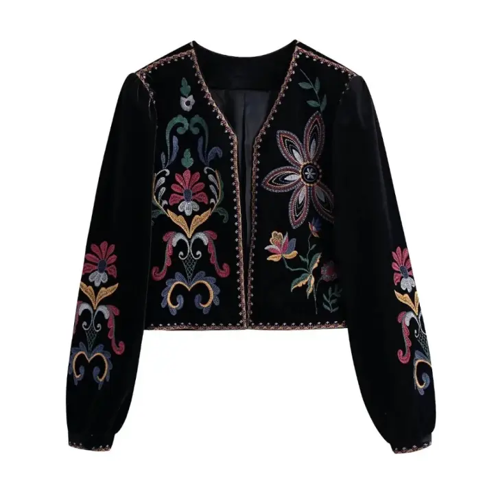 Chaqueta corta de terciopelo con bordado en contraste para mujer, abrigo vintage de manga larga, prendas de vestir exteriores elegantes - 1