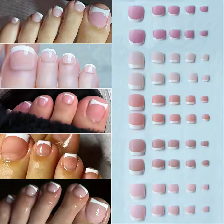 Set de Uñas Postizas Cuadradas Blancas y Rosas Estilo Francés para Verano Completo para el Pie - 1