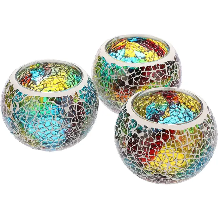 Juego de 3 portavelas de cristal de mosaico, portavelas decorativo, centros de mesa redondos para mesa, boda, fiesta, decoración - 1