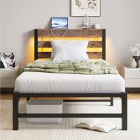 Marco de cama doble con estación de carga y luces LED, plataforma de metal resistente, marco de cama doble de 135 x 190 cm con cabecero de madera con almacenamiento, no necesita - details 9