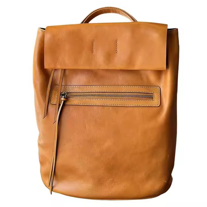 Mochila de cuero marrón con cremallera abatible, adecuada para estudiantes universitarias y estudiantes masculinos. - 1