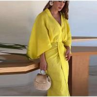 Elegante Vestido Medio de Pliegue Sólido Cuello en V, Mangas Acolchadas, Largo para el Verano 2024 - details 8