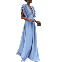Vestido largo de color sólido para mujer con diseño de mangas voladas, cuello en V y escote trasero descubierto, ideal para eventos de cena. - details 3