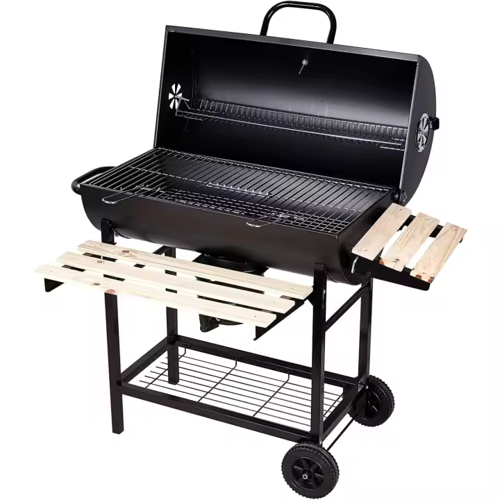Parrilla de Carbón con Ruedas para Jardín Exterior BBQ Soportes Faciles de Movimiento, 2 Estantes de Madera Plegables para Almacenar Comidas 101×70.5×94.5CM - 1