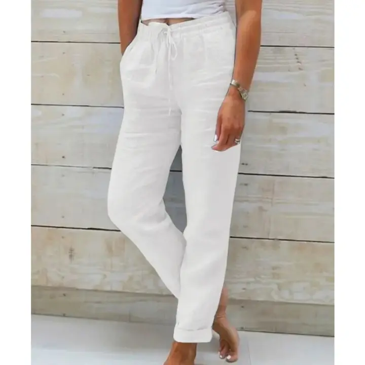 Pantalones De Verano Para Mujer Algodón Y Lino Cintura Alta Ajustables Casuales Streetwear Solido Pantalones Lánguidos Sueltos - 1