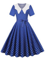Vestido midi elegante informal para mujer con lunares, cuello Peter Pan, cintura alta y corte en A - details 5