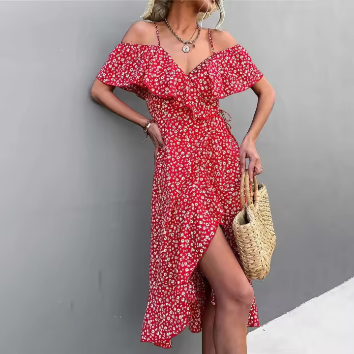 Vestido largo con tirantes y estampado floral para mujer, estilo bohemio de playa, moderno, un hombro, irregular, fresco diario - 1