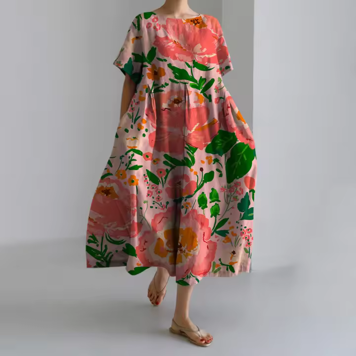Elegante Vestido de Fiesta de Verano Cuello Redondo Manga Corta Estampado a Rayas Casual - 1