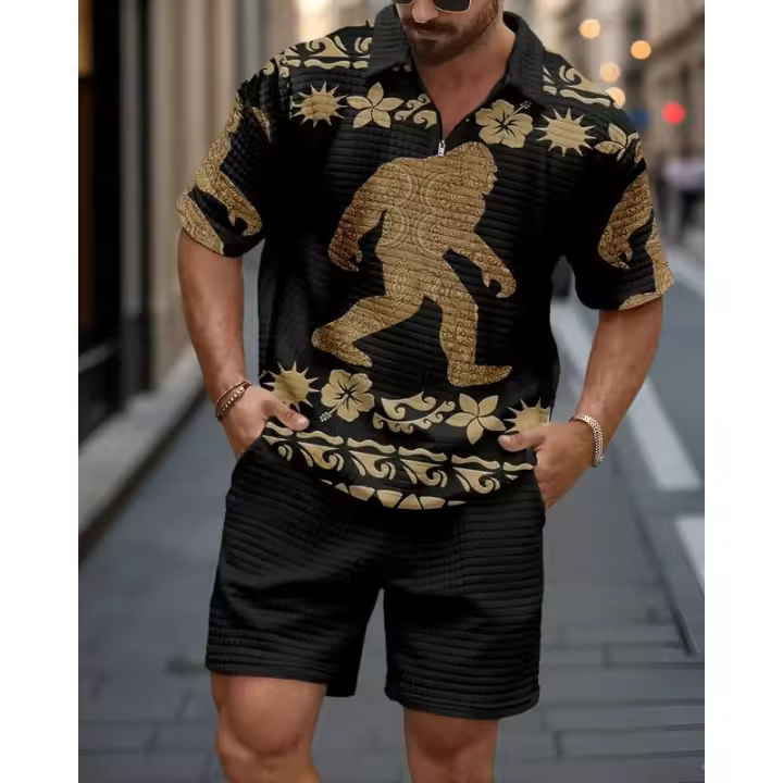 Conjunto de camisa y pantalones cortos con cremallera de un cuarto y cuello vuelto para hombre de tendencia de verano - 1
