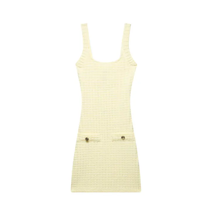 BUNO-2025 Vestido corto novedoso de verano con tirantes anchos y cuello redondo elástico, adecuado y dulce para mujer. - 1