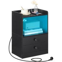 Mesilla de Noche con Luces LED, Mesilla de Noche con Base de Carga, Mesita Auxiliar con 2 Cajones, Adecuada para Dormitorio, Sala de Estar, Diseño Moderno, Negro EBK28CDBZ01 - details 0