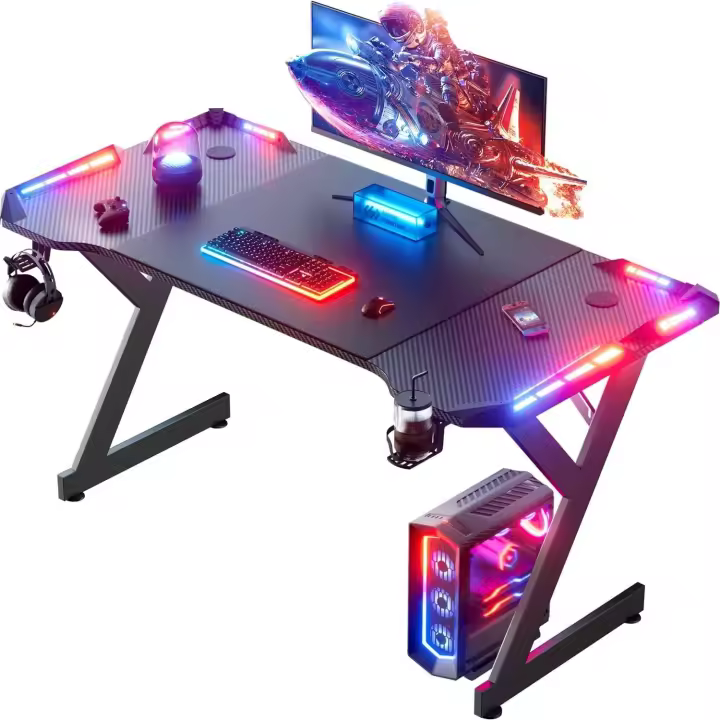 120 cm × 60 cm, Mesa Gamer Ergonómica con LED, Escritorio Gaming con Tablero de Fibra de Carbono - 1