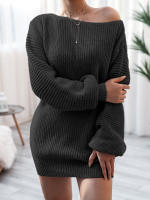 Vestido de suéter suelto de manga larga con cuello oblicuo para mujer, Mini Vestidos de punto casuales, Color sólido, Otoño e Invierno - details 15
