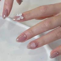 24pcs Uñas Postizas Almendro Rosa Y Nude Para Mujeres Y Niñas Decoración De Uñas Con Lazo Falso De Resina Artículos De Manicura - details 0